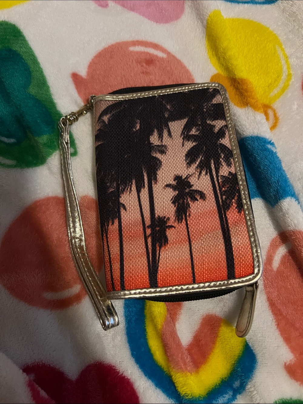 Icing Wristlet Wallet - Orange Sunset Palm Print with Gold Trim